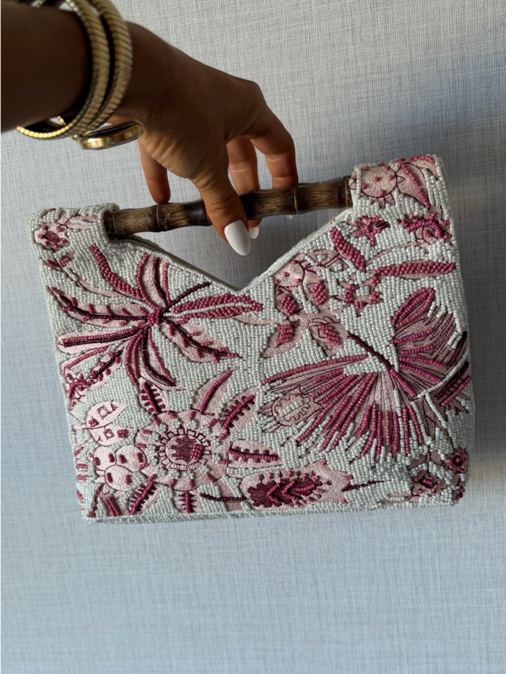 Embellished Beaded Floral Top-Handle Bag in White and Pink - Picture 3 of 6